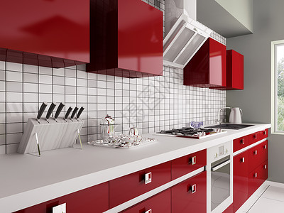 现代红色厨房与水槽,煤气炉内部3D背景图片