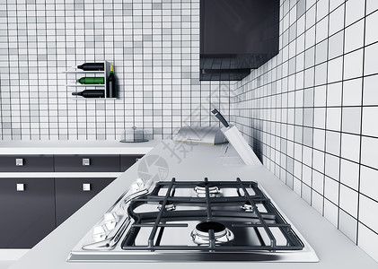 现代厨房工作台与煤气炉内部三维渲染背景图片
