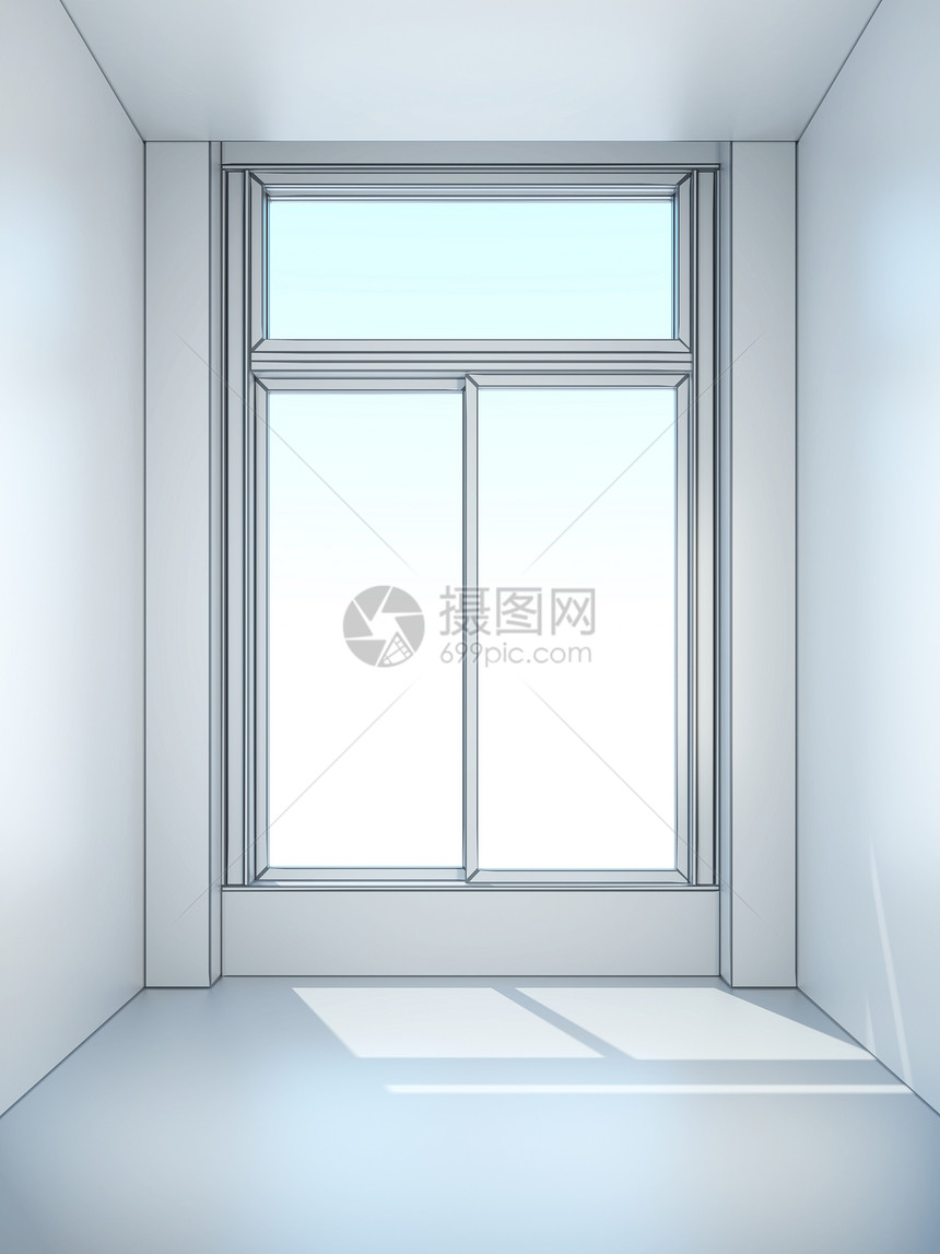 白色空房间与窗口,3D渲染图片