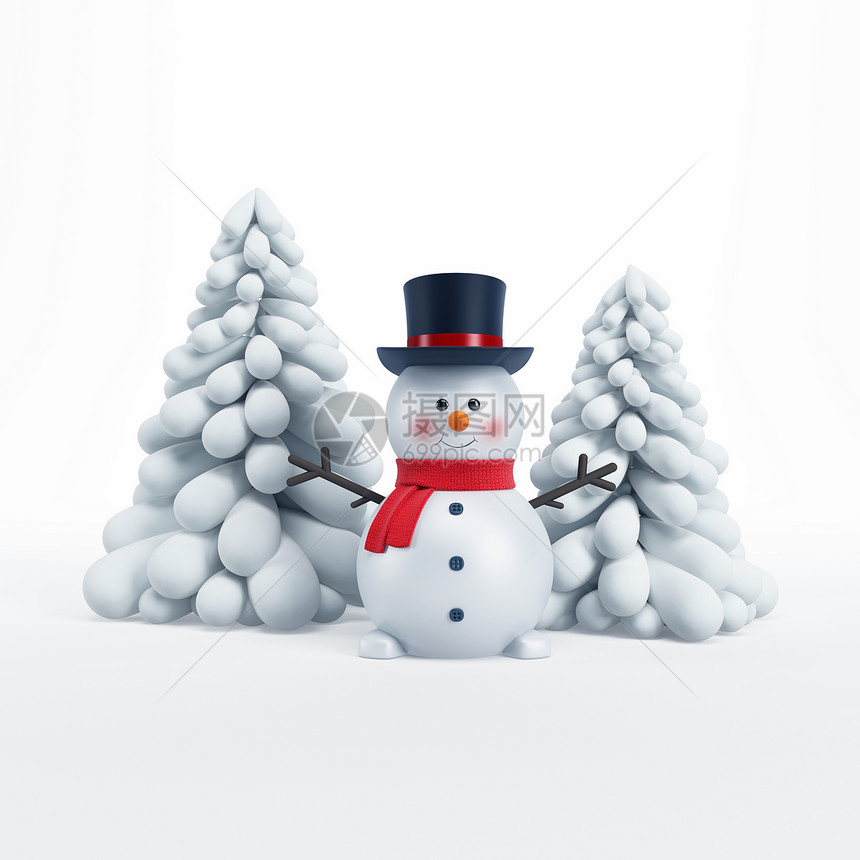 快乐雪人与杉树,3D渲染图片