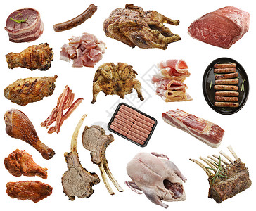 白色上分离的肉制品的分类图片