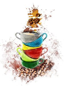 咖啡杯的水彩数字绘画图片