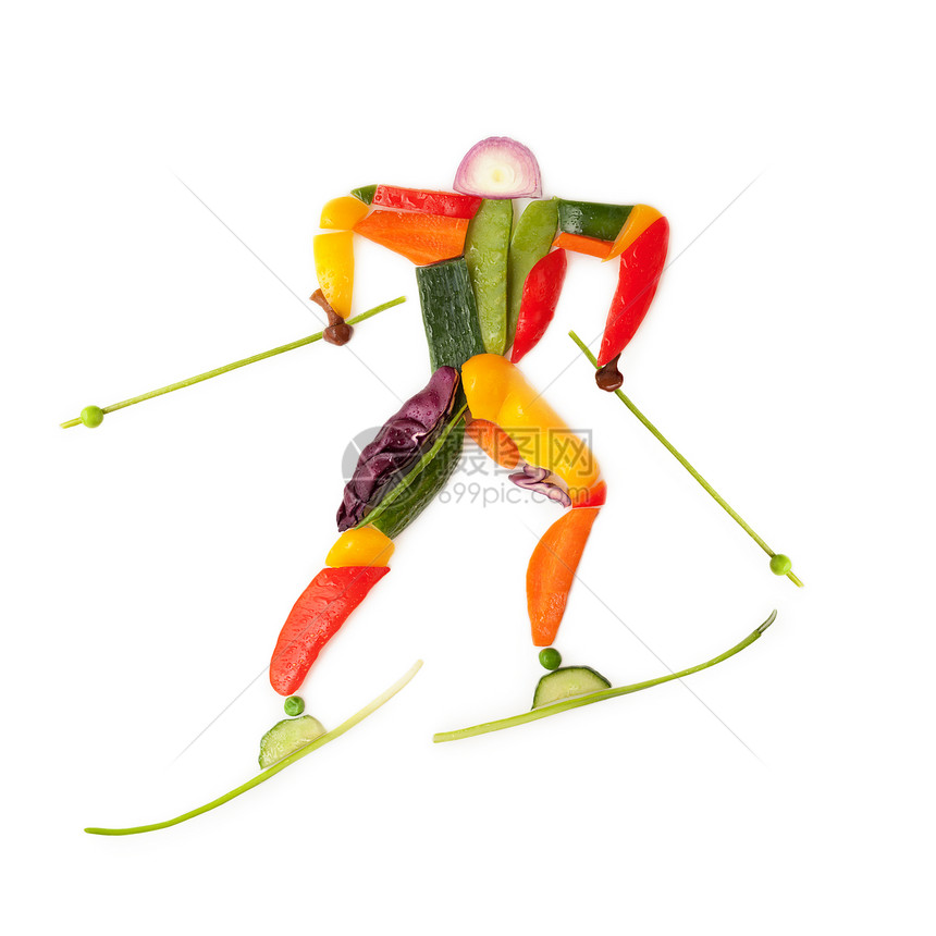冬天滑雪者形状的水果蔬菜图片