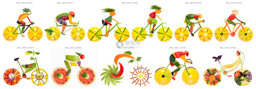 水果蔬菜的形状自行车与骑自行车图片