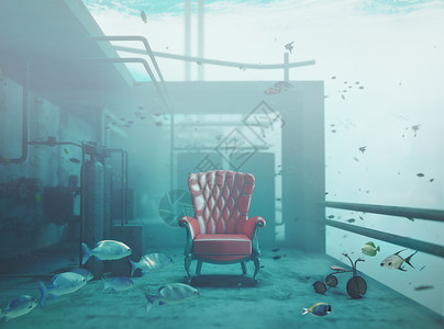 水下红色豪华扶手椅CG照片合成的图片
