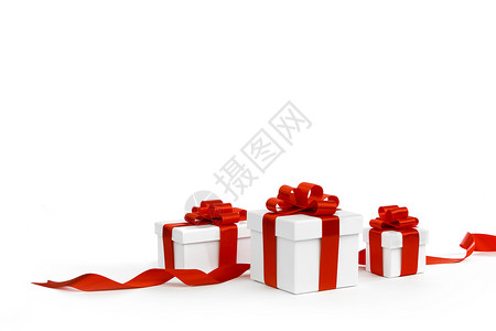 礼品盒与红结隔离白色背景图片