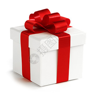 白色礼品盒,红色丝带隔离白色背景上图片