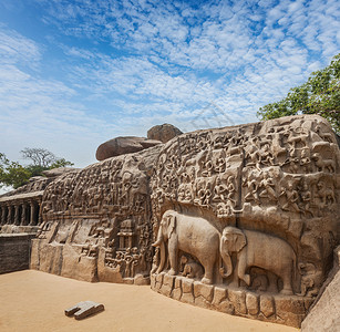 恒河Arjunarsquo的祖先古代石雕印度泰米尔纳德邦Mahabalipuram的纪念碑背景图片