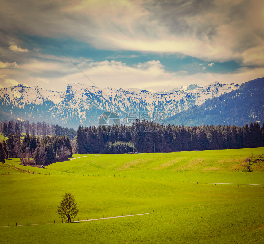 复古复古时尚风格的旅行形象,德国田园牧歌田园乡村春天与阿尔卑斯山的背景巴伐利亚,德国图片