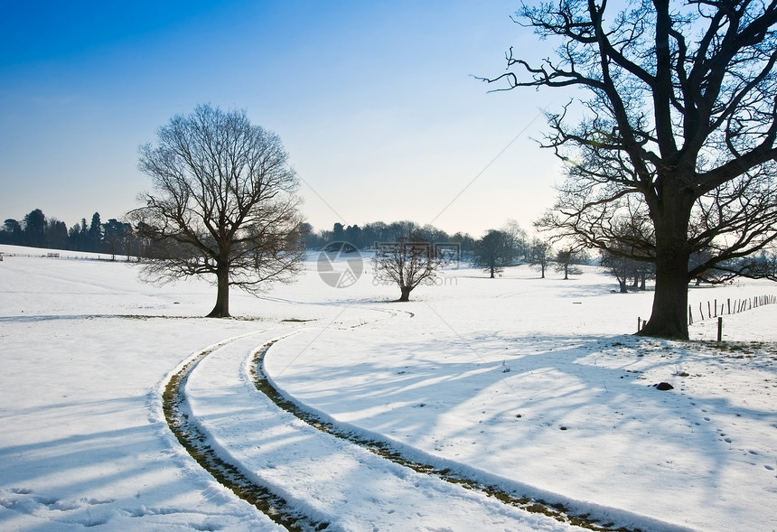 乡村景观跨越乡村背景,冬季雪地明亮的蓝天背景图片