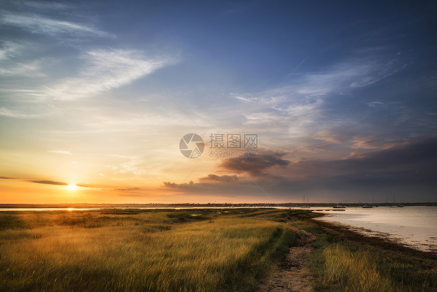 美丽的夏季日落景观湿地港口图片