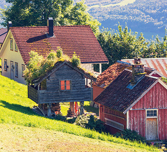 挪威山脉的木制小屋图片