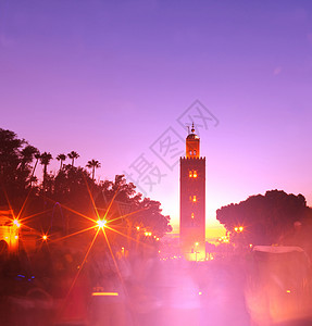 库图比亚摩洛哥马拉喀什的日落背景