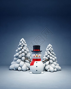 雪球树快乐雪人与杉树,3D渲染背景