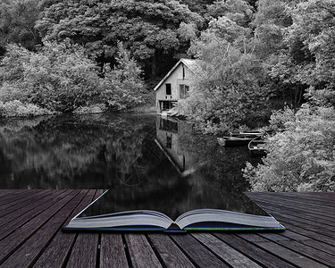故事屋创意页的书籍黑白复古风格图片废弃船屋划船景观背景