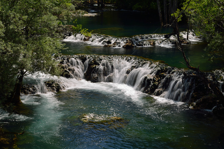 瀑布清洁淡水的质,背景为绿色森林图片