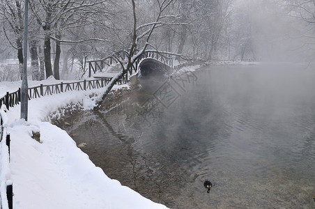 小木桥寒冷的河流上,冬季的清晨图片