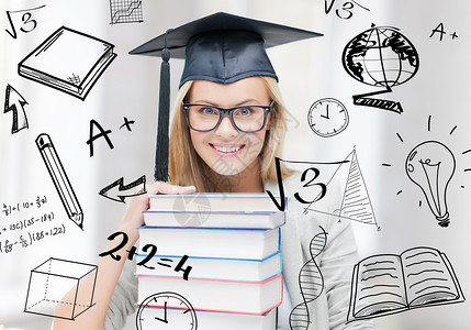 数学角素材教育大学快乐的学生毕业帽与堆叠的书籍涂鸦背景