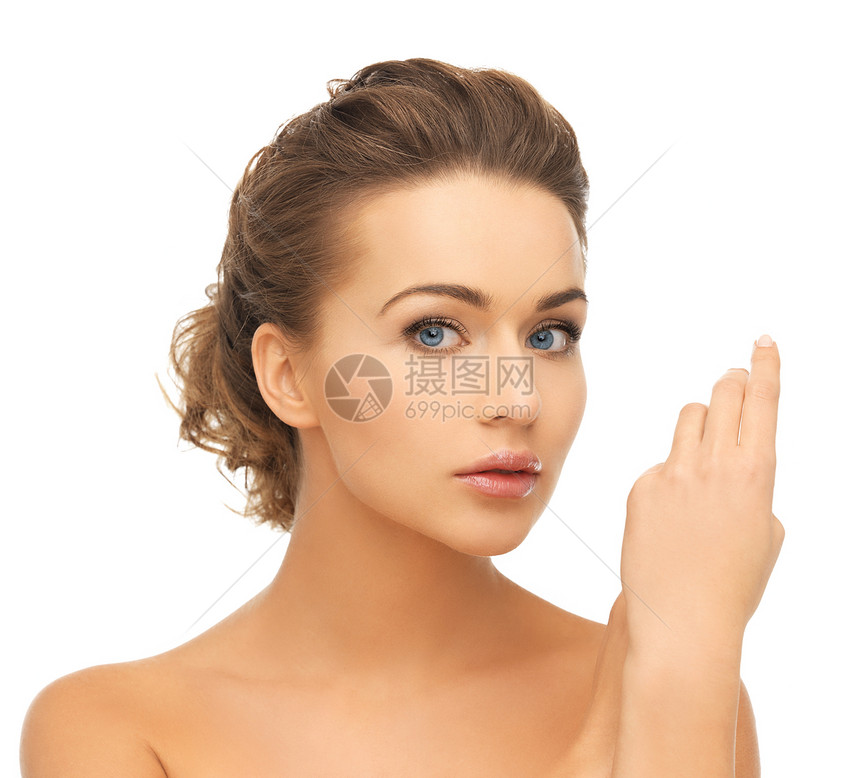 健康美丽的美丽的女人的脸手与UPDO可用作珠宝模板图片