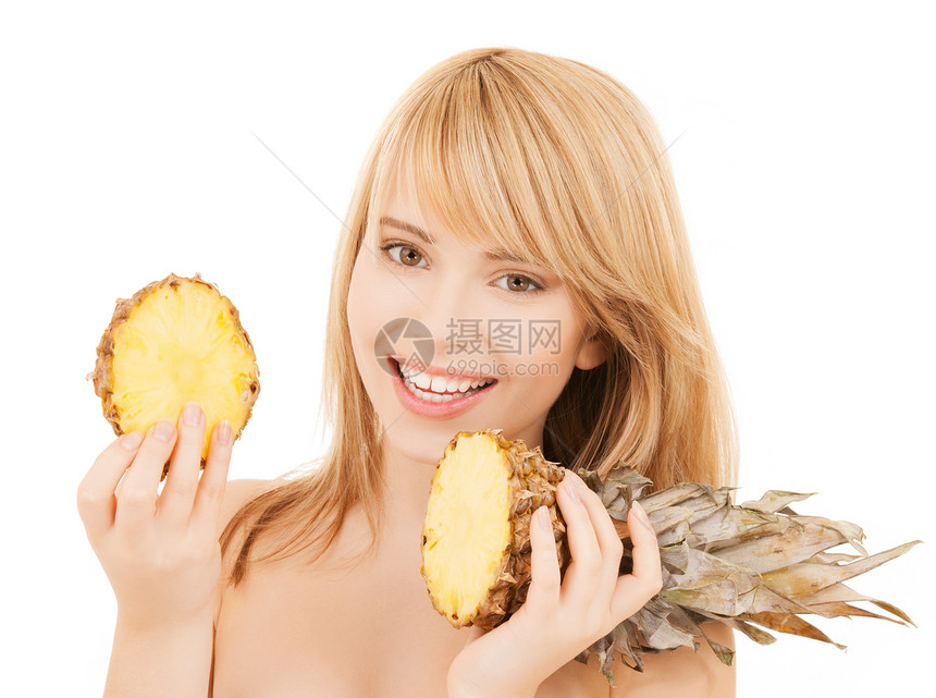 健康的食物营养快乐的女孩与菠萝图片