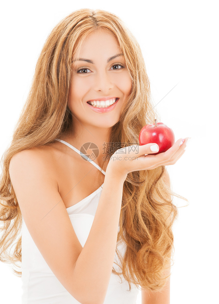 健康,美丽,饮食微笑的女人与红苹果图片