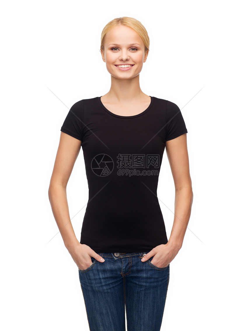 T恤,快乐的人微笑的女人空白的黑色T恤图片