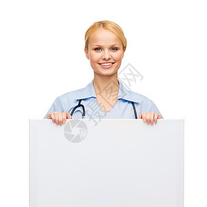 医疗保健,医药,广告销售理念微笑的女医生护士与听诊器白色空白板图片