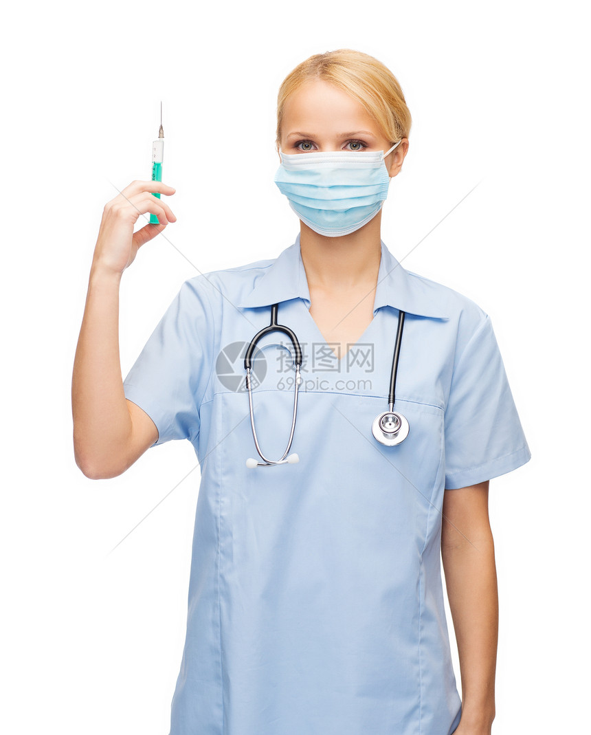 医疗保健医疗女医生护士医用罩中着注射器注射图片