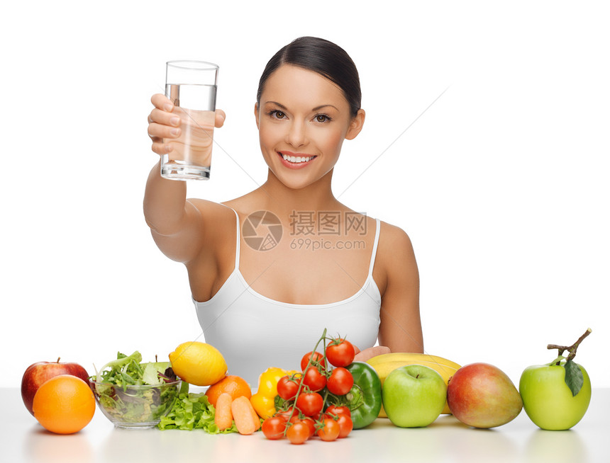 美丽的女人健康的食物水图片
