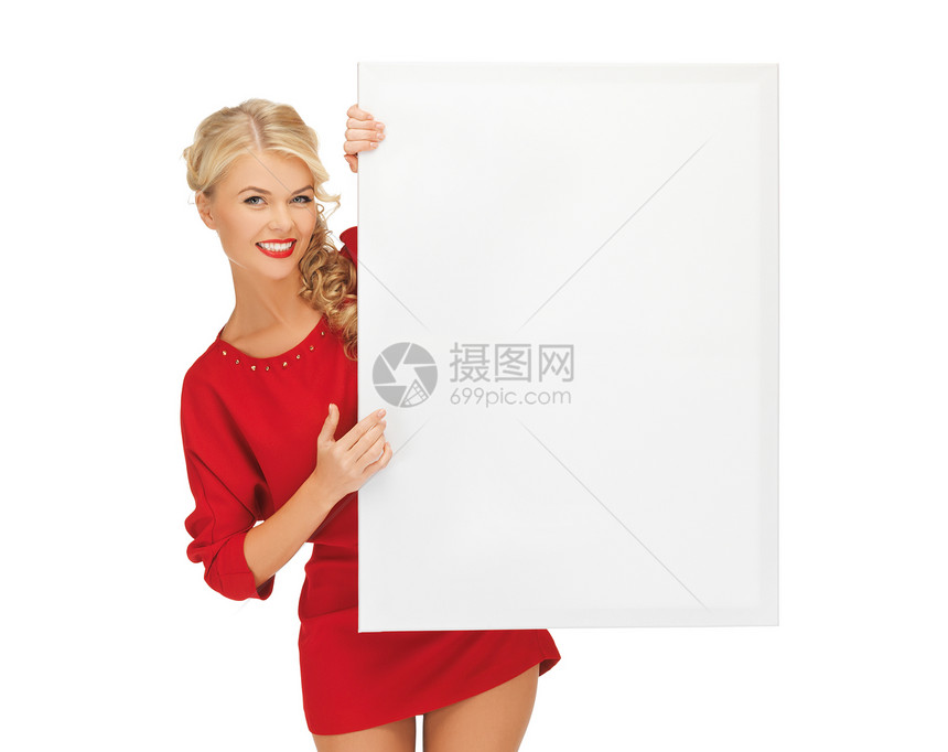 张可爱的女人穿着红色连衣裙空白板的照片图片