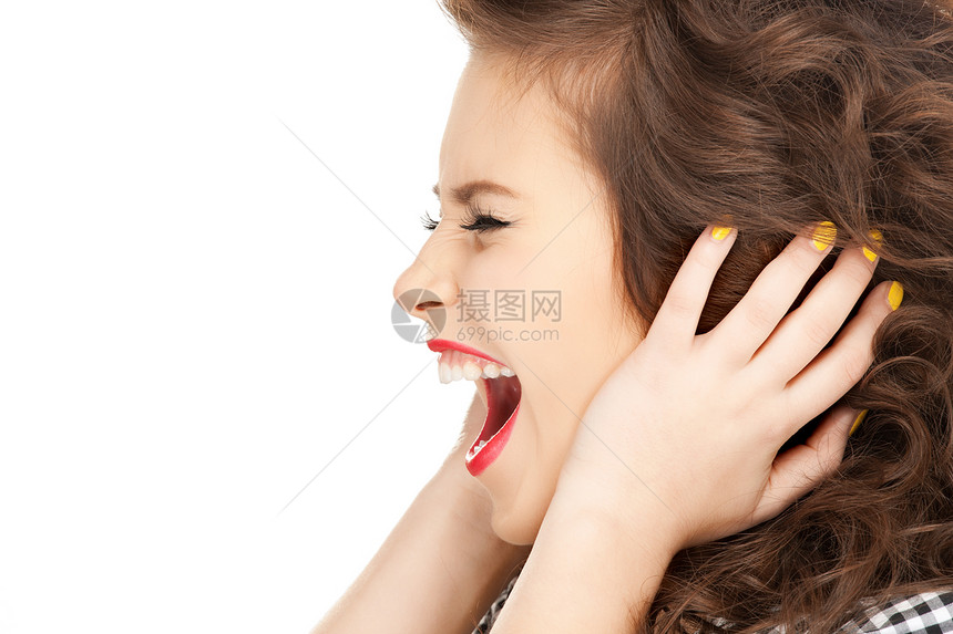 手放耳朵上的女人的照片图片