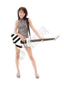 用电吉他白色上的女孩的照片图片