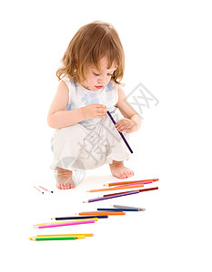 用彩色铅笔白色上的小女孩的照片图片