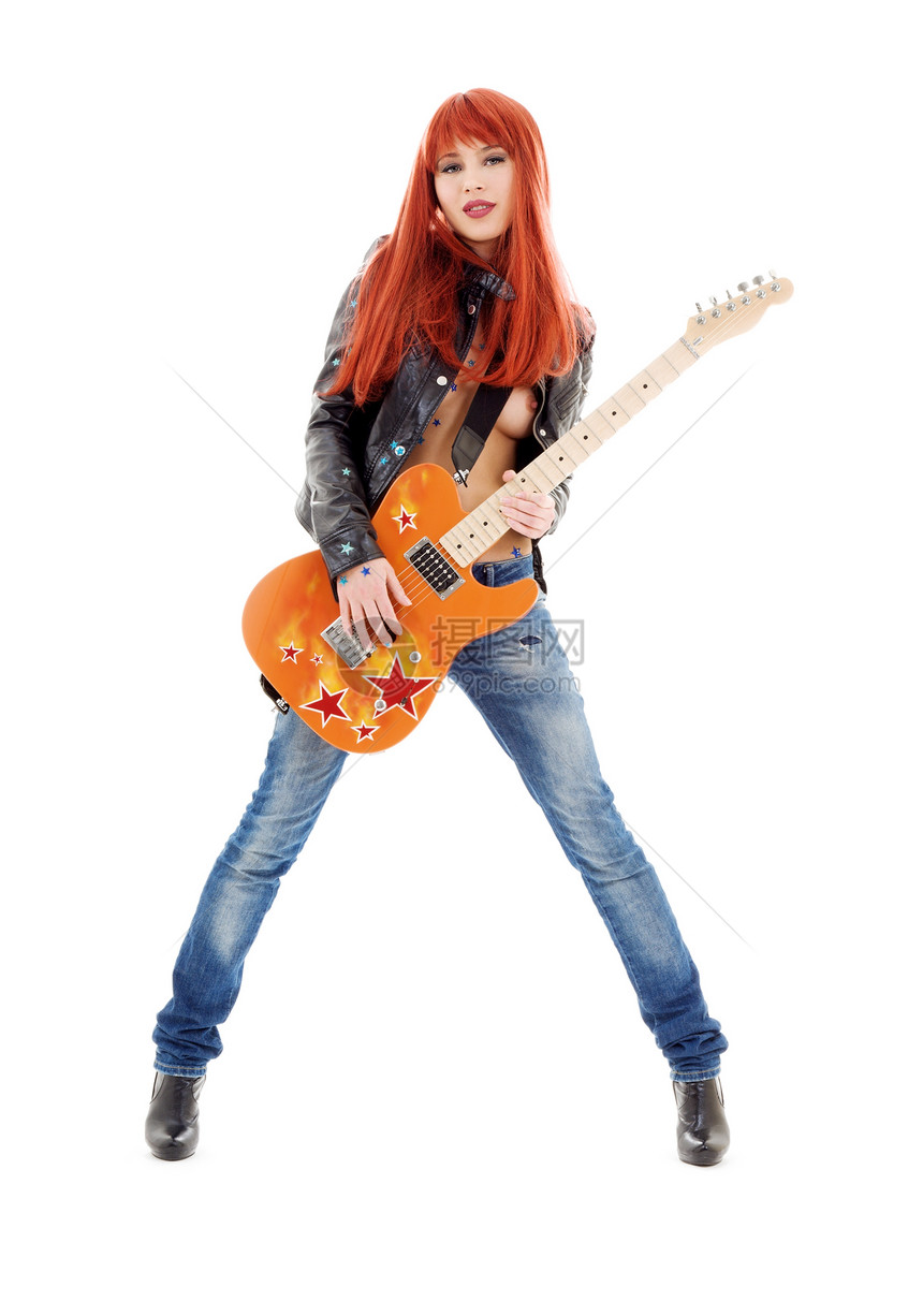 可爱的红头发女孩橙色吉他的照片图片