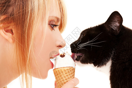 猫女郎可爱的女孩带冰淇淋的猫的照片背景