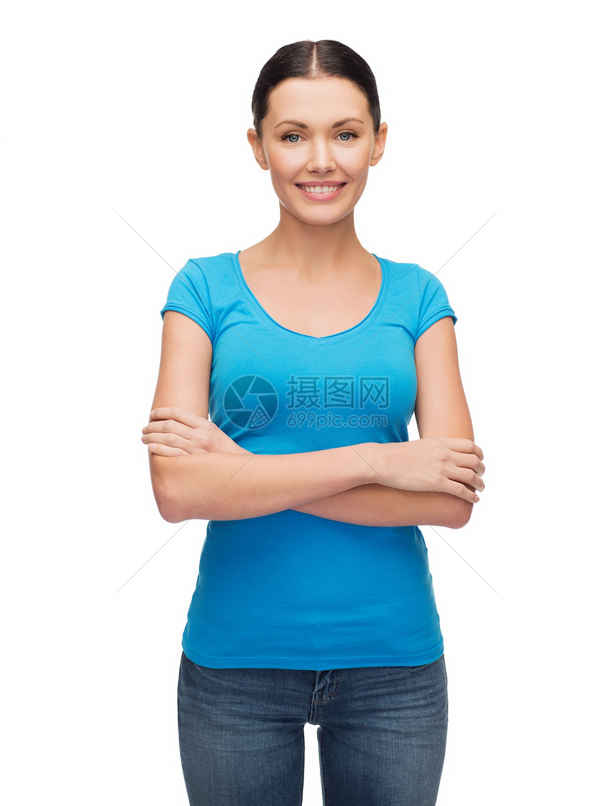 服装快乐的人微笑的女孩空白蓝色t恤图片