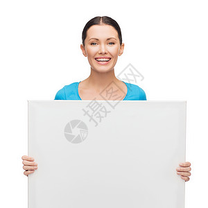 广告,教育快乐的人的微笑的女孩与白色空白板图片