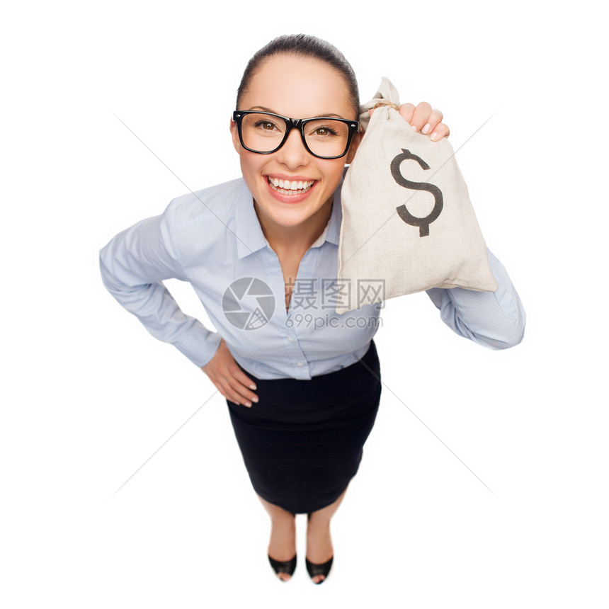 商业,金钱办公室微笑的女商人戴着眼镜,着带美元的钱袋图片