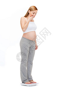 怀孕,母亲幸福的惊讶的孕妇加权自己图片