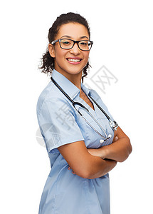 医疗保健医学微笑的非洲裔美国医生护士戴眼镜与听诊器图片