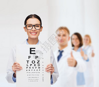 医疗保健,广告医学微笑的女医生戴着眼镜与眼睛图表图片