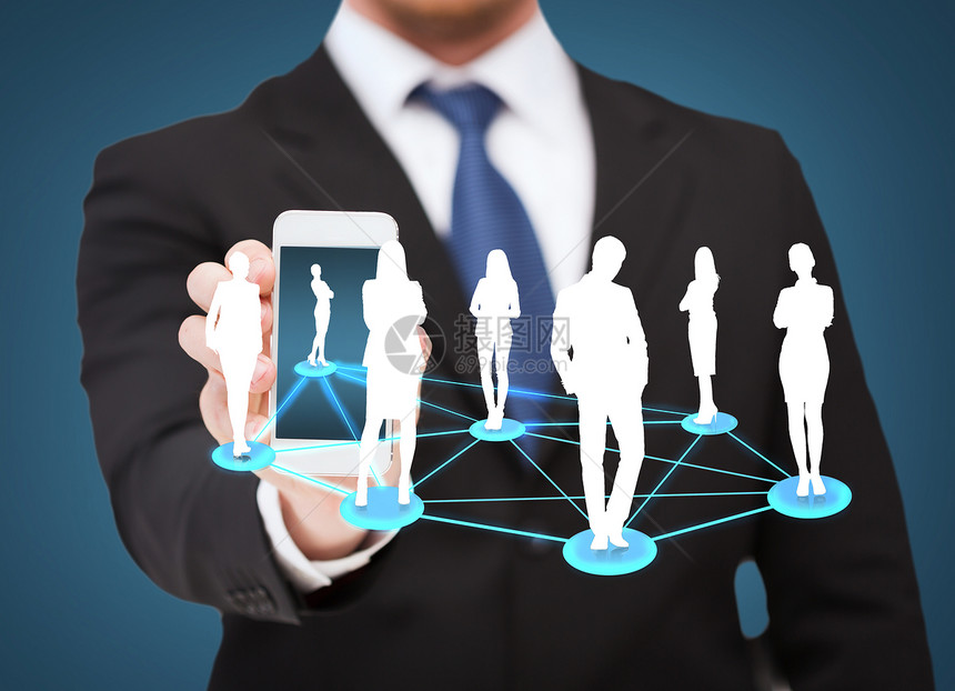 商业,互联网技术商人智能手机与社交网络屏幕上图片