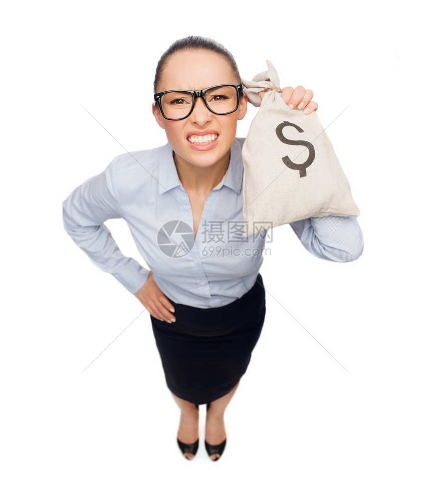 商业,金钱办公室愤怒的女商人戴着眼镜,着带美元的钱袋图片