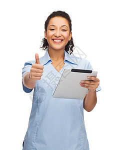 医疗保健,技术医学微笑的女非裔美国医生护士平板电脑竖大拇指图片