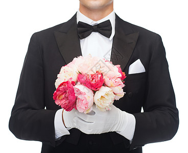 婚礼,周纪念,特殊场合的特写男人的尾衣与花牡丹背景图片