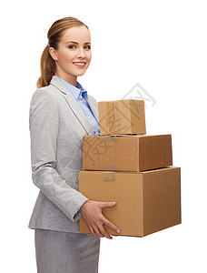 商业送货服务理念微笑的女商人着纸板箱图片