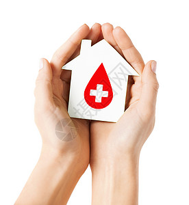 输血的手医疗保健医药献血双手牵手,着白色纸屋,红色的捐献者标志背景