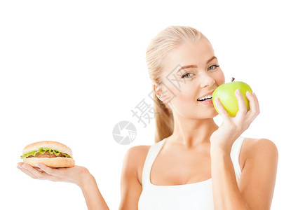美丽苹果健康,美丽,减肥,食物,饮食运动女人与苹果汉堡包背景