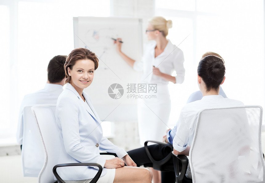 办公室商务会议上微笑的女商人的照片图片
