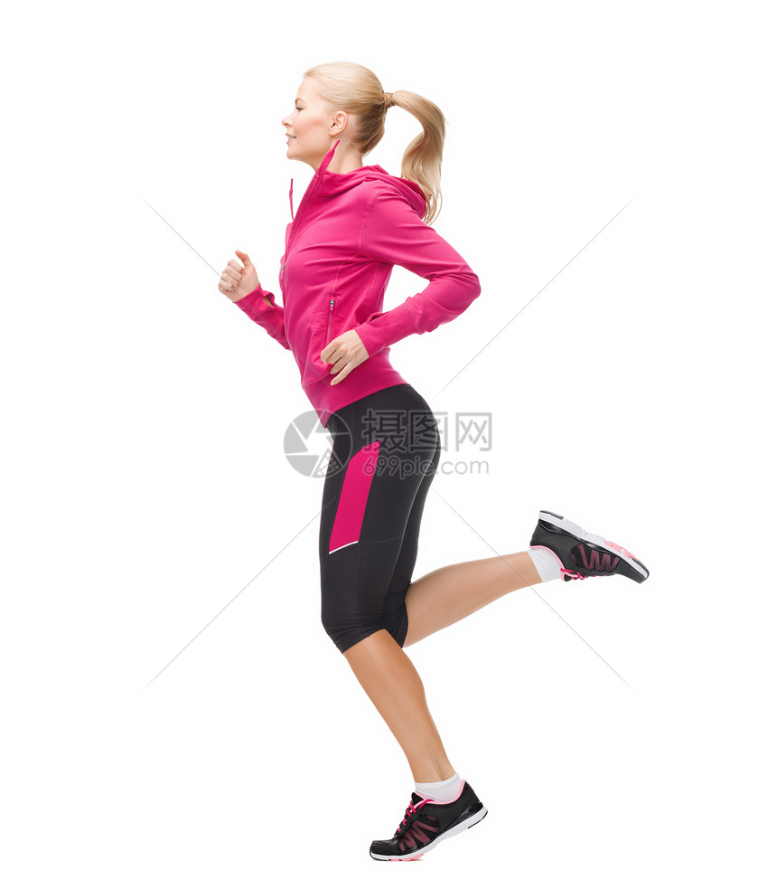 健身,运动节食的美丽的运动女人跑步跳跃图片